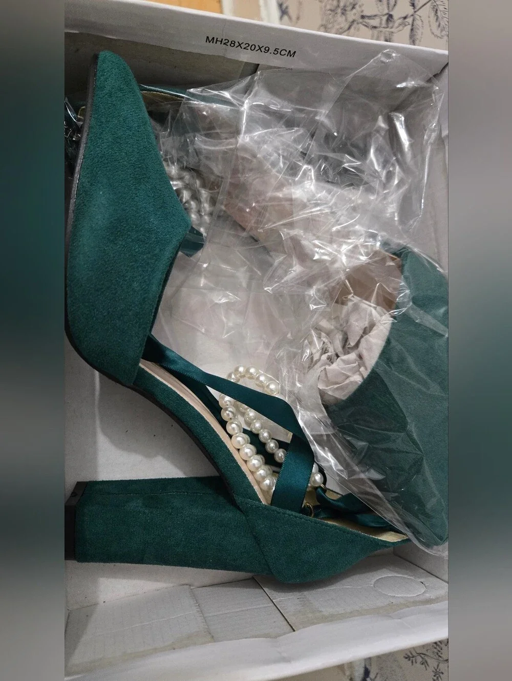 Emerald Green Women’s Pointed Toe Ankle Tie Heels with Pearl Accent